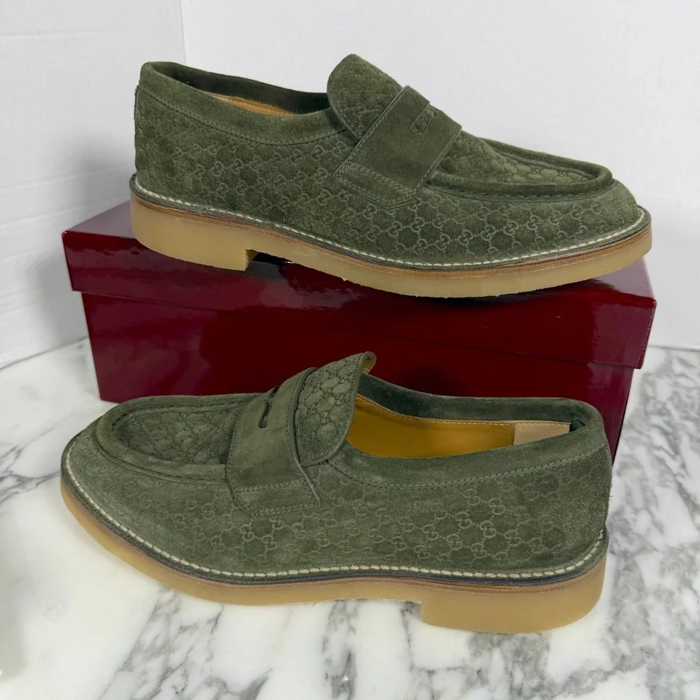Gucci 831289 Mens GG Monogram Suede Crepe Sole Loafers Green 651289 UK 9.5